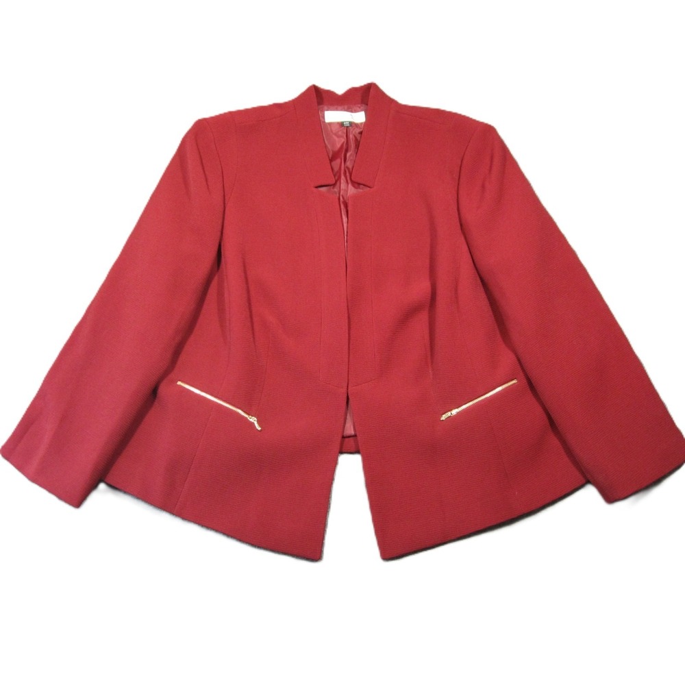 Tahari ASL Blazer 24W Red‎ Open Front Lined Zip Pockets Workwear Business Formal